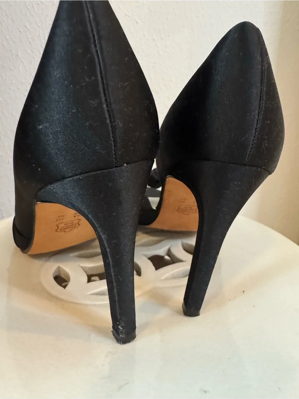 Nina Black Satin Peep-Toe Heels with Front Knot